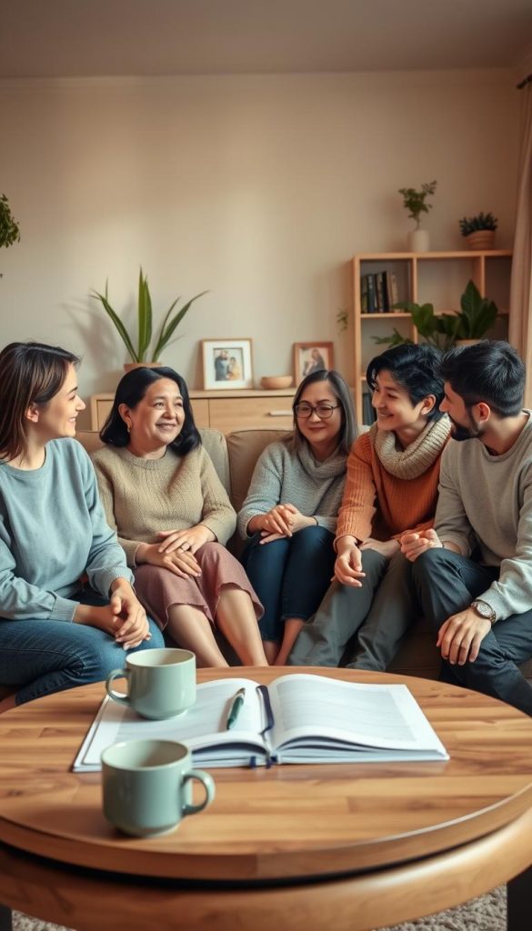 A serene family setting in a cozy living room with warm, natural lighting. In the foreground, a diverse family of four sits together in a circle, engaged in an open and respectful conversation. Each family member, dressed in casual yet modest clothing, exhibits expressions of empathy and understanding. In the middle ground, a coffee table displays an open notebook and steaming mugs, suggesting active dialogue and brainstorming. The background features soft, inviting decor with a calming color palette, incorporating plants and family photos that reflect a harmonious environment. The overall mood is peaceful and constructive, emphasizing connection and resolution. The scene embodies the spirit of "KlickKiste," showcasing effective communication in family life.