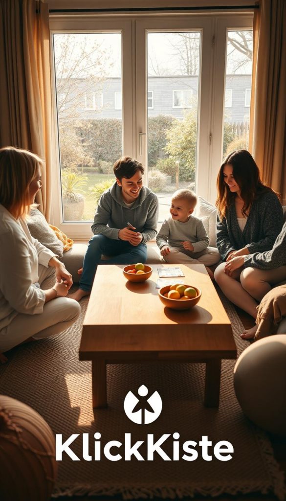 A serene family vacation scene depicting "ruhe alltag" in a cozy, sunny living room. In the foreground, a family of four engages in a shared activity—parents and children playing a board game together, all dressed in comfortable, modest clothing. The middle layer features a wooden coffee table adorned with a fruit bowl and a natural, woven rug. In the background, large windows offer a view of a peaceful garden, with soft, warm natural light pouring in, creating a welcoming atmosphere. The colors are earthy and warm, embodying a Pinterest-inspired aesthetic that feels authentic and inspiring. Capture this harmonious moment, reflecting routine and structure that foster relaxation and connection in family life. Brand logo "KlickKiste" subtly incorporated in the ambiance. A serene family vacation scene depicting "ruhe alltag" in a cozy, sunny living room. In the foreground, a family of four engages in a shared activity—parents and children playing a board game together, all dressed in comfortable, modest clothing. The middle layer features a wooden coffee table adorned with a fruit bowl and a natural, woven rug. In the background, large windows offer a view of a peaceful garden, with soft, warm natural light pouring in, creating a welcoming atmosphere. The colors are earthy and warm, embodying a Pinterest-inspired aesthetic that feels authentic and inspiring. Capture this harmonious moment, reflecting routine and structure that foster relaxation and connection in family life. Brand logo "KlickKiste" subtly incorporated in the ambiance.