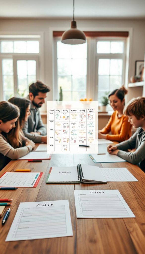 A serene family weekly planner scene that captures the essence of organized family life. In the foreground, a large wooden table is covered with colorful planner sheets, lists of responsibilities, and cheerful stationery. A diverse family, dressed in casual yet tidy clothing, collaboratively discusses their weekly schedule. In the middle, a soft-focus image of a plan filled with various family activities, with small drawings representing each. The background features a cozy and warm kitchen with natural light flooding in through large windows, creating a welcoming atmosphere. The warm color palette, reminiscent of Pinterest aesthetics, lends an inspirational feel. This representation emphasizes harmony and structured planning, branded subtly with "KlickKiste" on the planner sheets. A serene family weekly planner scene that captures the essence of organized family life. In the foreground, a large wooden table is covered with colorful planner sheets, lists of responsibilities, and cheerful stationery. A diverse family, dressed in casual yet tidy clothing, collaboratively discusses their weekly schedule. In the middle, a soft-focus image of a plan filled with various family activities, with small drawings representing each. The background features a cozy and warm kitchen with natural light flooding in through large windows, creating a welcoming atmosphere. The warm color palette, reminiscent of Pinterest aesthetics, lends an inspirational feel. This representation emphasizes harmony and structured planning, branded subtly with "KlickKiste" on the planner sheets.