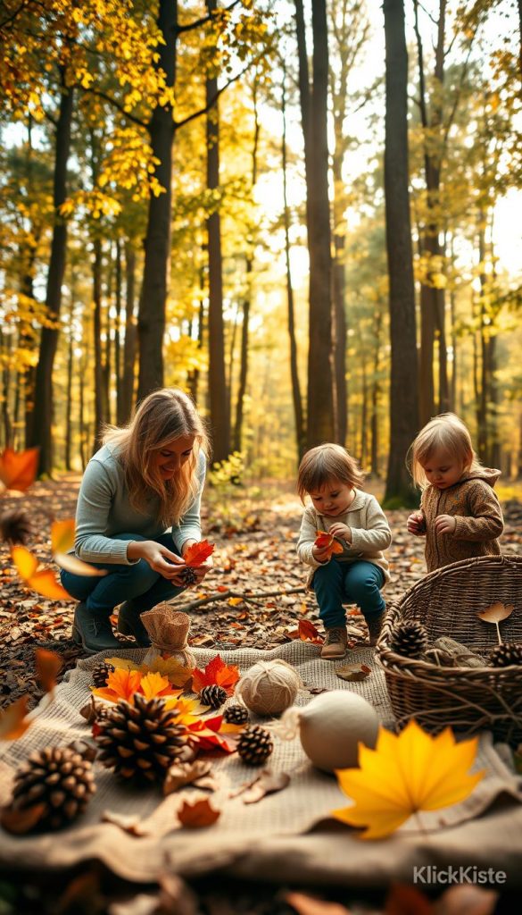 A serene forest scene capturing a family enjoying quality time together, collecting natural materials such as pinecones, leaves, and twigs. In the foreground, a mother kneels beside her two children, who are excitedly picking up colorful autumn leaves. The middle ground features a rustic picnic setup with handmade crafts, showcasing warm colors like earthy browns and vibrant greens, reflecting a cozy, inviting atmosphere. The background reveals tall, lush trees filtering golden sunlight, creating dappled light patterns on the forest floor. Soft, diffuse lighting enhances the warm, nostalgic mood. The scene is composed with a slightly elevated angle, adding depth and a Pinterest-inspired aesthetic. This image embodies authentic family bonding and creativity with nature, branded with "KlickKiste."