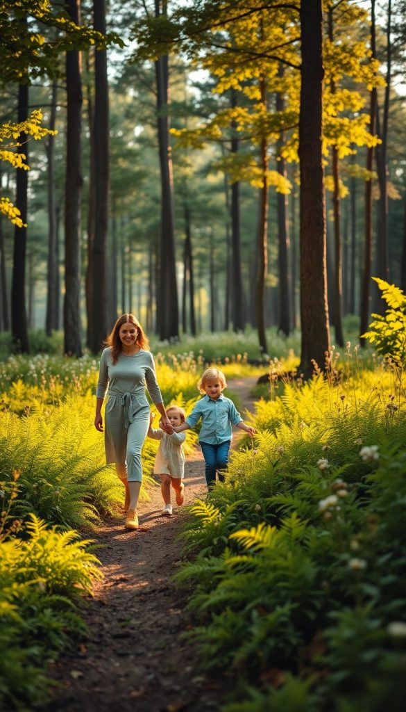 A serene forest scene capturing a tranquil woodland landscape, ideal for a family walking experience. In the foreground, a gentle trail meanders through vibrant green ferns and wildflowers, with a young family dressed in casual, modest clothing enjoying their time together&mdash;a smiling parent holding hands with two children, exploring nature. In the middle ground, tall trees with dappled sunlight filtering through their leaves create a warm, inviting atmosphere. The background features a softly blurred view of deeper woods, enhancing the sense of depth. The scene is bathed in golden-hour light, casting warm hues and soft shadows, evoking a peaceful and inspiring mood. This image embodies the essence of outdoor family adventures, perfect for the theme of "KlickKiste."
