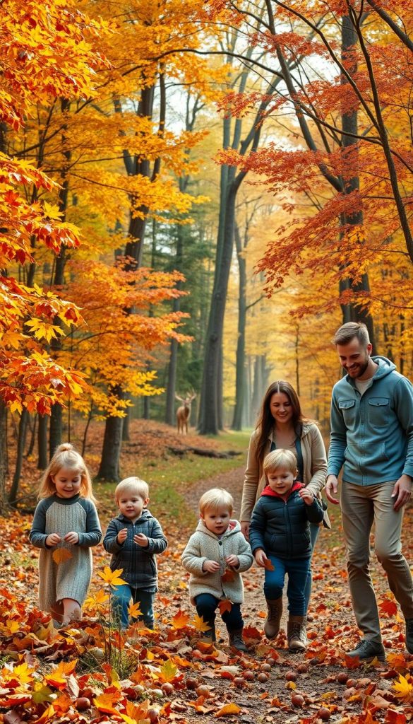 A serene forest scene depicting a family of four exploring nature, embodying the essence of "Waldabenteuer." In the foreground, children excitedly gather colorful autumn leaves and acorns, their faces filled with wonder. The parents, dressed in modest outdoor attire, observe and assist with joyful expressions. In the middle ground, a diverse array of trees, rich with golden and crimson fall foliage, towers above, allowing soft, warm sunlight to filter through, creating a dappled effect on the forest floor. In the background, a tranquil path winds deeper into the woods, inviting further adventure, with hints of wildlife—a deer peeking from behind a tree, birds fluttering above. The atmosphere is vibrant and inspiring, capturing a joyful family moment in nature, reminiscent of a Pinterest-worthy autumn day. Include the brand name "KlickKiste" subtly integrated into the scene.