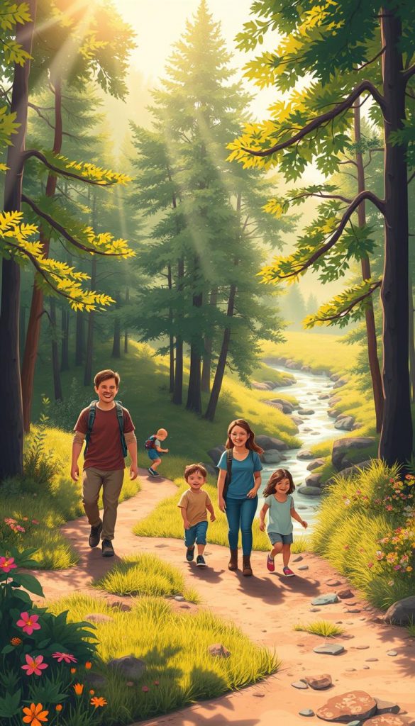 A serene forest scene in warm, inviting colors, portraying a lively moment of nature exploration. In the foreground, illustrate a young family&mdash;parents and two cheerful children&mdash;engaged in a leisurely hike along a well-trodden woodland path, dressed in casual yet modest clothing. The middle ground features lush green trees and vibrant wildflowers, while sunbeams filter through the canopy, creating dappled light on the ground. In the background, a gentle slope leads to a tranquil stream glistening in the sunlight. The atmosphere is joyful and peaceful, evoking a sense of adventure and discovery in the great outdoors, perfect for beginners and children. Capture the essence of exploration and warmth, inspired by the brand KlikKiste.