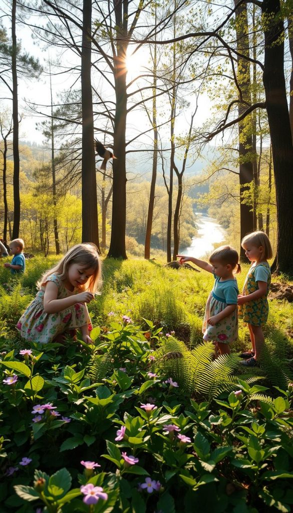 A serene forest scene that captures the essence of discovering nature. In the foreground, a group of children aged 5 to 10, dressed in colorful, modest spring clothing, are exploring the vibrant undergrowth filled with wildflowers and green ferns. One child is kneeling to examine a delicate insect on a leaf, while another points excitedly towards a bird in a nearby tree. In the middle ground, sunbeams filter through the lush foliage of tall trees, creating a dappled light effect on the forest floor. In the background, gentle hills and a sparkling stream can be glimpsed, reflecting the warm colors of a spring day. The atmosphere is joyful and inspiring, with an authentic, Pinterest-worthy look. Capture this lively scene for KlickKiste.