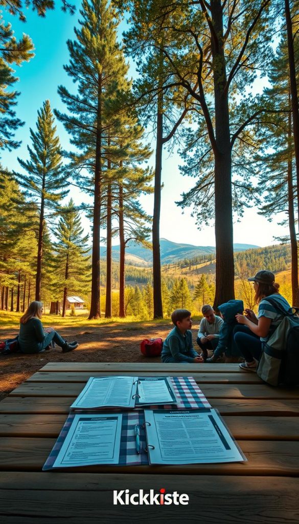 A serene forest scene that conveys safety and adventure, ideal for families. In the foreground, depict a spacious wooden picnic area with a checkered blanket and a well-organized safety checklist laid out. Include a few families in modest casual clothing engaged in fun activities, such as checking gear, discussing safety tips, and preparing for their outdoor adventure. The middle ground features tall, lush trees with dappled sunlight filtering through their leaves, contributing to a warm and inviting atmosphere. In the background, gentle rolling hills and a clear blue sky complete the idyllic setting. Aim for a warm color palette to evoke a sense of comfort and inspiration. The overall composition should feel authentic and connected to nature, branded subtly with "KlickKiste."