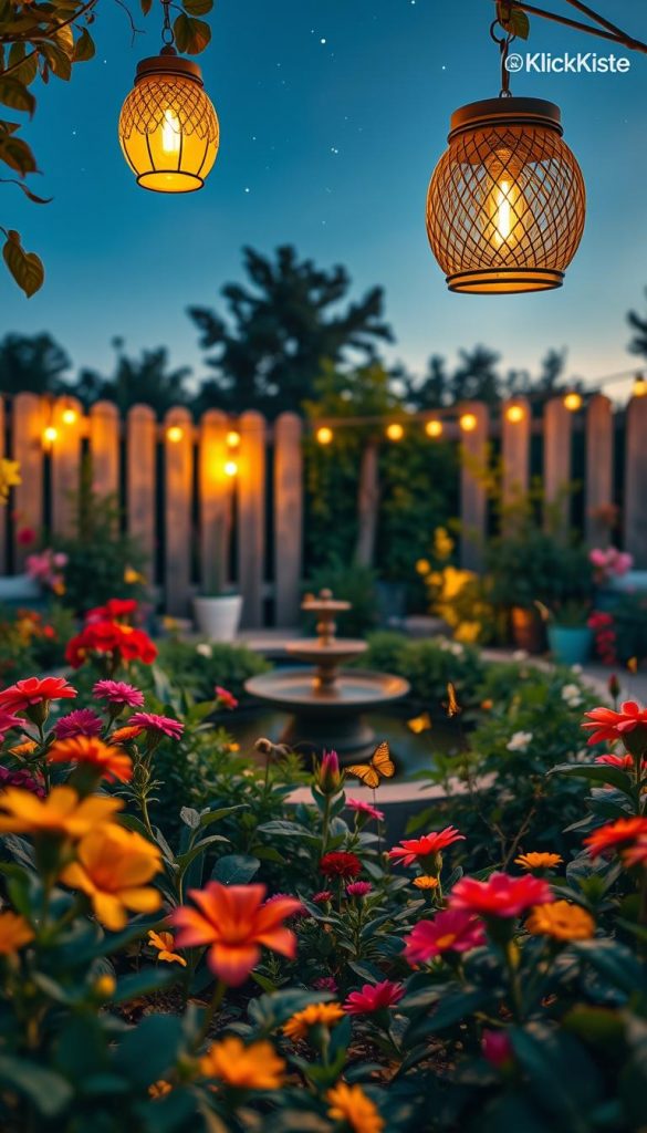 A serene garden at twilight, showcasing an array of vibrant plants and beautiful flowers in the foreground, with delicate hanging lanterns casting a warm golden glow. In the middle, a tranquil water feature reflects the fading light, surrounded by lush greenery and small natural wonders like butterflies and fireflies. The background features a softly illuminated rustic wooden fence and a clear, starry sky. The overall mood is peaceful and inviting, evoking a cozy summer evening feel. Use natural warm colors to create an authentic Pinterest-inspired atmosphere. Capture this enchanting scene with a wide-angle lens to enhance depth, inviting viewers into this beautiful garden. Include the brand name "KlickKiste" subtly in a corner of the image.