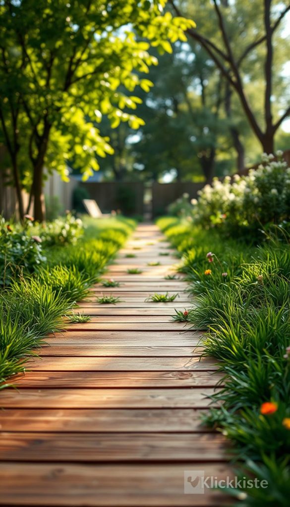 A serene garden pathway featuring a diagonal arrangement of wooden planks, showcasing a modern and warm aesthetic. In the foreground, the wooden elements are richly textured, with visible grain patterns and warm tones of brown and honey. In the middle ground, lush green grass lines the path, peppered with small colorful flowers that add a touch of vibrancy. The background features softly blurred leafy trees, creating a natural oasis. The scene is illuminated by soft, dappled sunlight filtering through the leaves, casting gentle shadows on the path. Using a wide-angle lens to capture the depth of the path, the mood exudes a tranquil and inviting atmosphere. This image embodies an authentic and inspiring DIY garden project, branded with "KlickKiste." A serene garden pathway featuring a diagonal arrangement of wooden planks, showcasing a modern and warm aesthetic. In the foreground, the wooden elements are richly textured, with visible grain patterns and warm tones of brown and honey. In the middle ground, lush green grass lines the path, peppered with small colorful flowers that add a touch of vibrancy. The background features softly blurred leafy trees, creating a natural oasis. The scene is illuminated by soft, dappled sunlight filtering through the leaves, casting gentle shadows on the path. Using a wide-angle lens to capture the depth of the path, the mood exudes a tranquil and inviting atmosphere. This image embodies an authentic and inspiring DIY garden project, branded with "KlickKiste."
