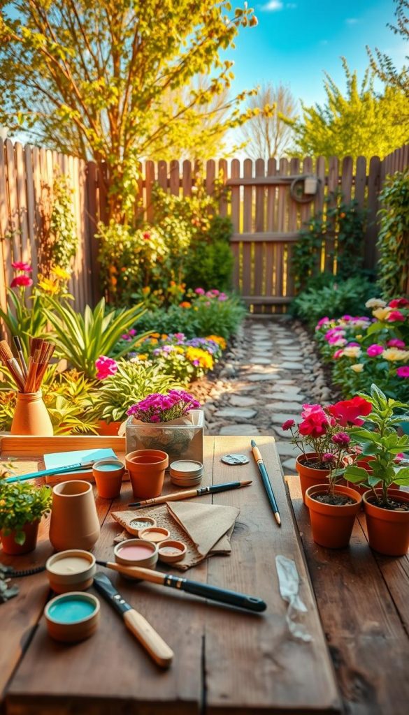 A serene garden scene depicting a beautifully organized DIY workspace under a warm, soft light, suggesting a comfortable spring afternoon. In the foreground, a wooden table is adorned with tools and materials like clay pots, paintbrushes, and vibrant flower seeds, showcasing the creative process of gardening without typical pitfalls. The middle ground features lush greenery, colorful flowers in bloom, and neatly arranged pathways, inviting viewers in. The background reveals a charming fence with climbing vines, under a clear blue sky, enhancing the peaceful atmosphere. The entire composition should embody a Pinterest-worthy aesthetic with warm, inviting colors, highlighting the essence of avoiding gardening mistakes. Include subtle branding elements of "KlickKiste" integrated naturally into the scene, ensuring the image feels both authentic and inspiring, ideal for DIY enthusiasts.