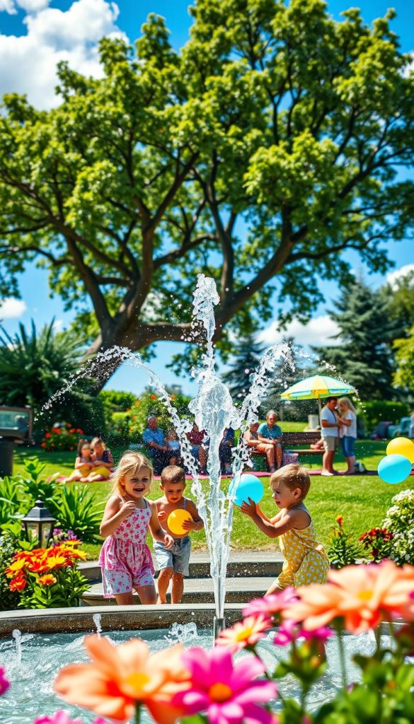 A serene garden scene depicting refreshing water play in the summer heat, focusing on a sparkling fountain surrounded by lush greenery and vibrant flowers. In the foreground, children play joyfully with water balloons, dressed in modest summer clothing, as droplets glisten in the sunlight. In the middle ground, a shaded area beneath a large tree offers respite, with colorful picnic blankets and cheerful family gatherings enjoying light refreshments. The background features a bright blue sky with fluffy clouds, enhancing the warm, inviting atmosphere. The scene has soft, natural lighting to evoke a feeling of joy and relaxation, captured with a shallow depth of field to emphasize the playful interactions. Inspired by the aesthetic look of Pinterest, this image reflects the essence of summer fun, created for "KlickKiste".