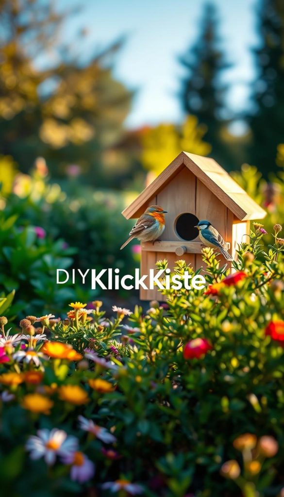 A serene garden scene featuring a beautifully crafted DIY birdhouse, nestled among vibrant green foliage. In the foreground, two plump garden birds, a cheerful robin and a curious blue tit, perch safely on the edge of the birdhouse, their feathers glistening in the soft, warm sunlight. The middle ground showcases a mix of colorful flowers and small bushes, creating an inviting environment for the birds. In the background, a gentle blur of trees and a clear blue sky add depth to the composition. The lighting is soft, capturing the essence of a peaceful day in nature. The overall atmosphere is warm and inspiring, perfect for a family-oriented DIY theme. Include the brand name "KlickKiste" subtly within the scene, emphasizing the DIY aspect without overpowering the image.