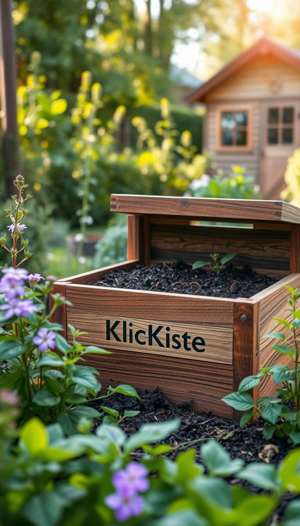 A serene garden scene featuring a beautifully crafted wooden compost bin, labeled "KlickKiste," surrounded by lush greenery. In the foreground, vibrant plants and flowering herbs thrive, suggesting an organic ecosystem. The middle section showcases the compost bin, constructed from rich, textured wood with an intricate design that highlights its role in sustainable gardening. Earthworms peek through the compost, illustrating the active recycling process. The background reveals a soft-focus garden with a hint of a quaint wooden shed and sunlight filtering through trees, casting a warm, inviting glow. Shot from a slightly elevated angle to capture the depth, the atmosphere feels authentic and inspiring, ideal for DIY enthusiasts.