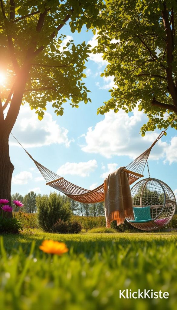 A serene garden scene featuring a cozy hammock strung between two lush, green trees, gently swaying in the breeze. In the foreground, add soft grass underfoot and a few blooming flowers with vibrant colors. The middle ground showcases the hammock, made of natural fibers, with a cozy throw draped over it for an inviting touch. In the background, capture a tranquil blue sky with fluffy white clouds filtering warm sunlight through the leaves, creating dapples of light. The atmosphere is peaceful and relaxing, perfect for unwinding. Include subtle elements like a stylish hanging chair nearby for additional lounging. The overall aesthetic channels natural DIY vibes with warm, inviting colors, reminiscent of a Pinterest inspiration. Brand subtly integrated: "KlickKiste." A serene garden scene featuring a cozy hammock strung between two lush, green trees, gently swaying in the breeze. In the foreground, add soft grass underfoot and a few blooming flowers with vibrant colors. The middle ground showcases the hammock, made of natural fibers, with a cozy throw draped over it for an inviting touch. In the background, capture a tranquil blue sky with fluffy white clouds filtering warm sunlight through the leaves, creating dapples of light. The atmosphere is peaceful and relaxing, perfect for unwinding. Include subtle elements like a stylish hanging chair nearby for additional lounging. The overall aesthetic channels natural DIY vibes with warm, inviting colors, reminiscent of a Pinterest inspiration. Brand subtly integrated: "KlickKiste."