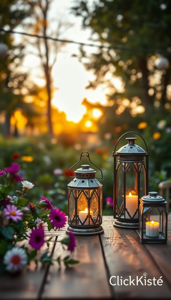 A serene garden scene featuring beautifully crafted glass lanterns (windlichter aus gläsern) arranged artistically on a wooden table. The foreground captures the intricate details of the lanterns, showcasing their soft, glowing light in warm hues, creating a cozy atmosphere. In the middle ground, lush greenery and various colorful flowers frame the scene, enhancing the feel of a natural, inviting space. The background reveals a garden setting with soft-focus trees and a gentle, golden sunset illuminating the entire composition, adding warmth and depth. The lighting is soft and diffused, simulating the golden hour, with a slight blur effect to evoke a dreamy quality. The style reflects a Pinterest aesthetic, aiming for an authentic and inspiring natural DIY vibe, showcasing creativity in sustainable celebration. Brand name "KlickKiste" subtly inspires a sense of community and craftsmanship.