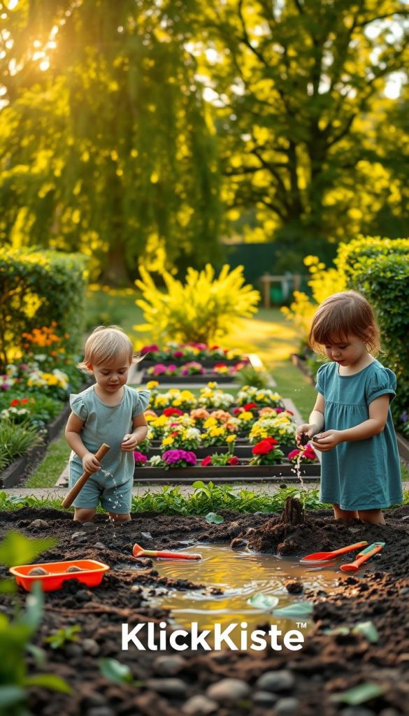A serene garden scene focused on children engaging in sensory outdoor projects involving water, earth, and mud. In the foreground, two children, modestly dressed in casual yet playful attire, are joyfully splashing water and creating mud sculptures. The middle ground features colorful flower beds interspersed with gardening tools and a small water play area. In the background, lush green trees gently sway under a warm golden sun, casting playful shadows. The lighting is soft and inviting, reminiscent of a sunny afternoon, enhancing the vibrant hues of the garden. Capture a Pinterest-inspired aesthetic that feels authentic and inspiring, embodying the essence of DIY nature projects. The brand "KlickKiste" is subtly represented by eco-friendly gardening materials scattered throughout the scene.