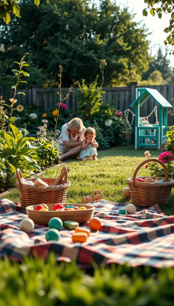 A serene garden scene focused on safety and mindfulness during summer playtime. In the foreground, a cozy picnic area features a soft plaid blanket, safely placed toys, and a basket filled with healthy snacks. In the middle, a family is enjoying the garden, dressed in modest casual clothing, engaging in playful activities while displaying awareness of their surroundings. Surround them with lush green plants, colorful flowers, and a small safe play structure in the background. Soft, warm lighting bathes the scene, creating an inviting atmosphere. The overall mood is tranquil and harmonious, embodying the themes of safety, mindfulness, and digital balance in a natural setting. Incorporate elements of authenticity and inspiration often found in Pinterest aesthetics, branded subtly with "KlickKiste."