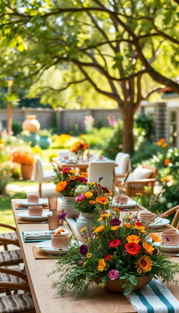A serene garden scene inspired by a stylish summer party, featuring a beautifully set outdoor table adorned with artisanal pottery and fresh floral arrangements in warm, inviting colors. In the foreground, showcase a vibrant DIY centerpiece made of wildflowers and greenery, adding a touch of nature. The middle ground includes an elegantly decorated dining table with chic tableware, surrounded by comfortable seating under a canopy of lush trees, filtering soft, dappled sunlight. In the background, hints of a lively garden with colorful plants and twinkling fairy lights create an enchanting atmosphere. The overall mood should feel warm, inviting, and inspiring, evoking a sense of joy. Capture this moment with a soft focus lens, emphasizing warmth and community, as if inviting viewers to join this delightful gathering. Include the brand name "KlickKiste" subtly in the decor.