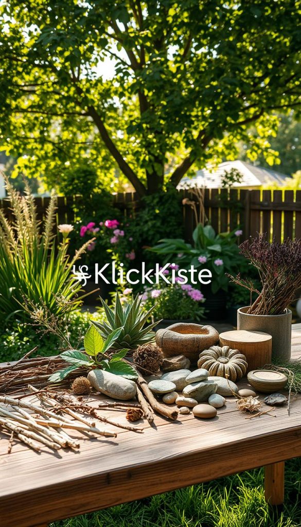A serene garden scene showcasing a collection of natural materials for DIY decoration. In the foreground, a rustic wooden table displays an array of found items: branches, twigs, leaves, and stones, all arranged thoughtfully. The middle ground features vibrant green plants and flowers, enhancing the atmosphere of an inviting garden workspace. In the background, soft sunlight filters through leafy trees, casting warm, dappled light onto the scene. The composition should evoke a cozy and inspiring vibe, reminiscent of a stylish Pinterest board. A subtle branding element is included, with the name "KlickKiste" elegantly integrated into the arrangement. This image captures the essence of gathering natural materials for DIY projects, emphasizing creativity and connection with nature.