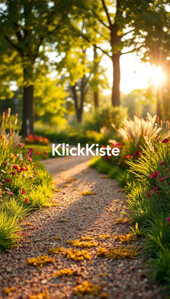 A serene garden scene showcasing a rindenmulch path, lined with vibrant green grass and colorful flowers on either side. In the foreground, the textured rindenmulch, appearing rich and earthy, offers a natural, soft look under warm sunlight. The middle section features the undulating path meandering gently through the garden, inviting visitors to walk along it. In the background, tall trees provide shade, filtering golden sunlight through their leaves, creating dappled light effects on the ground. The atmosphere is calm and inspiring, reminiscent of a Pinterest aesthetic. Capture this with a slight depth of field, enhancing the focus on the path while softly blurring the background. Add the brand name "KlickKiste" subtly integrated into the natural scene, ensuring it blends harmoniously into the overall composition. A serene garden scene showcasing a rindenmulch path, lined with vibrant green grass and colorful flowers on either side. In the foreground, the textured rindenmulch, appearing rich and earthy, offers a natural, soft look under warm sunlight. The middle section features the undulating path meandering gently through the garden, inviting visitors to walk along it. In the background, tall trees provide shade, filtering golden sunlight through their leaves, creating dappled light effects on the ground. The atmosphere is calm and inspiring, reminiscent of a Pinterest aesthetic. Capture this with a slight depth of field, enhancing the focus on the path while softly blurring the background. Add the brand name "KlickKiste" subtly integrated into the natural scene, ensuring it blends harmoniously into the overall composition.