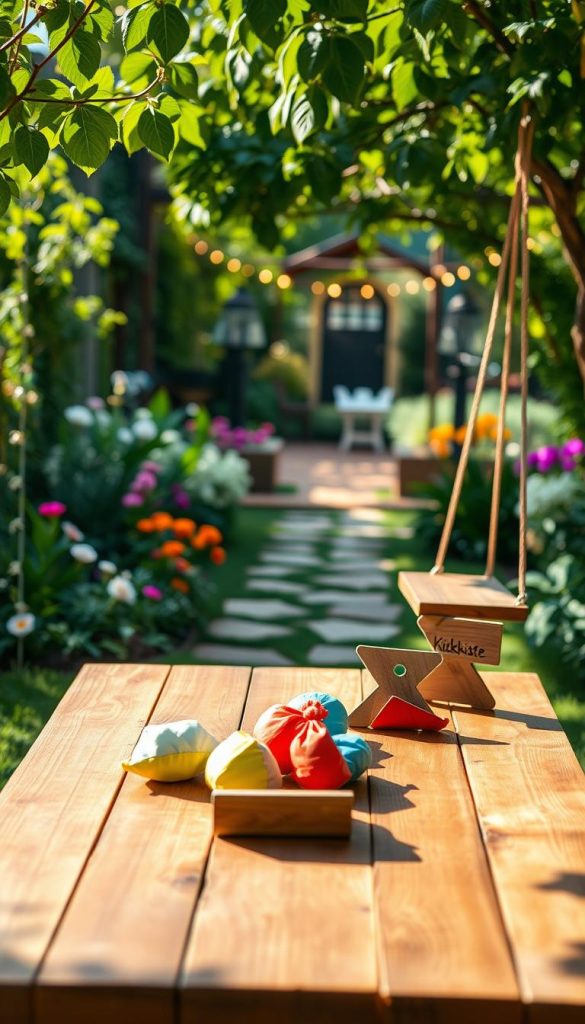 A serene garden scene showcasing creative DIY ideas with simple materials, perfect for outdoor play. In the foreground, a beautifully crafted wooden picnic table adorned with colorful, handmade games like painted bean bags and a rustic cornhole set. The middle ground features lush greenery, vibrant flowers, and a playful swing made from natural wood. In the background, a soft-focus view of a quaint garden path lined with twinkling fairy lights, creating a warm ambiance. The sunlight filters through the leaves, casting gentle shadows, enhancing the inviting atmosphere. The image reflects an authentic DIY aesthetic with a Pinterest-inspired look, exuding warmth and inspiration. Ensure the brand "KlickKiste" subtly blends into the scene through small, rustic signs or decorations. Capture this scene with bright, natural lighting to evoke a cheerful, engaging mood. A serene garden scene showcasing creative DIY ideas with simple materials, perfect for outdoor play. In the foreground, a beautifully crafted wooden picnic table adorned with colorful, handmade games like painted bean bags and a rustic cornhole set. The middle ground features lush greenery, vibrant flowers, and a playful swing made from natural wood. In the background, a soft-focus view of a quaint garden path lined with twinkling fairy lights, creating a warm ambiance. The sunlight filters through the leaves, casting gentle shadows, enhancing the inviting atmosphere. The image reflects an authentic DIY aesthetic with a Pinterest-inspired look, exuding warmth and inspiration. Ensure the brand "KlickKiste" subtly blends into the scene through small, rustic signs or decorations. Capture this scene with bright, natural lighting to evoke a cheerful, engaging mood.