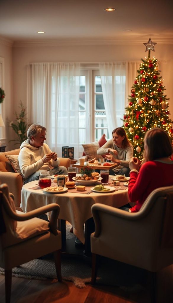 A serene holiday setting depicting a cozy living room filled with warm, inviting colors. In the foreground, a festive table is adorned with seasonal treats and drinks, surrounded by comfortable chairs with plush cushions. In the middle ground, a family is engaging in light-hearted activities, dressed in modest casual clothing, such as playing board games and sharing moments of laughter, conveying a sense of togetherness and relaxation. The background features a beautifully decorated Christmas tree with twinkling lights and ornaments, and soft, natural light streaming through a window, casting gentle shadows. The atmosphere is calming and joyful, ideal for reflecting on stress-free holidays. The overall aesthetic is inspired by Pinterest with an authentic, inspiring touch, captured with a warm color palette. This image should exude a peaceful, festive spirit, branded with subtle touches from "KlickKiste."