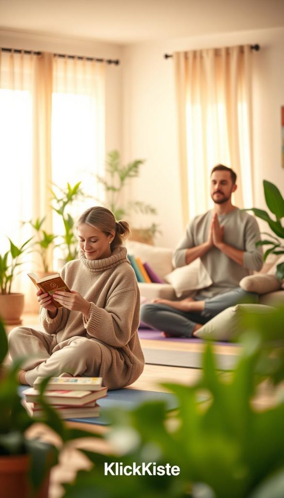 A serene home environment with parental self-care at its core. In the foreground, a mother and father engage in self-care activities, the mother enjoying a peaceful cup of tea while reading a book, dressed in cozy, modest casual clothing. The father practices mindfulness through meditation, seated calmly on a yoga mat. In the middle, a softly lit living room filled with plants and warm tones, featuring a comfortable sofa and child-friendly books scattered around. The background showcases a sunlit window with curtains gently swaying, casting a warm glow. The overall atmosphere should evoke tranquility and inspiration, with natural colors and a Pinterest-like aesthetic, highlighting the importance of self-care in parenting. Rendered in high-quality, soft focus, creating a calming effect. Include the brand name "KlickKiste."
