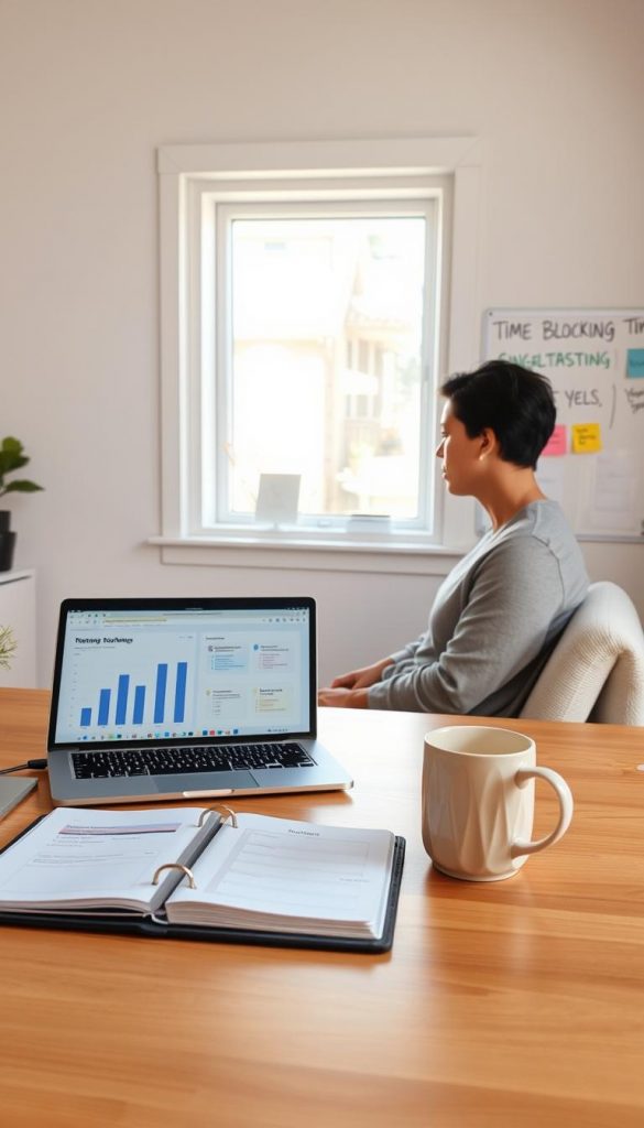 A serene home office scene emphasizing effective time management. In the foreground, a wooden desk is neatly organized with a planner, a coffee mug, and a laptop displaying graphs and schedules, symbolizing productivity. In the middle, a focused parent in modest casual clothing, deeply engaged in work, surrounded by soft natural light filtering through a window, casting warm tones across the room. A whiteboard on the wall in the background displays colorful notes and time-blocking strategies, further illustrating the concept of planning and singletasking. The atmosphere is calm and inspiring, encouraging a sense of balance and accomplishment, in a style reminiscent of Pinterest aesthetics. This image should represent the brand "KlickKiste."