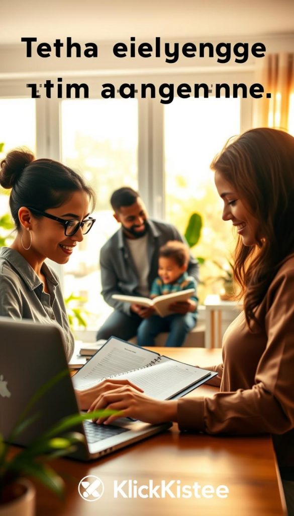 A serene home office scene featuring a diverse group of parents engaged in effective time management practices. In the foreground, a focused mother works on her laptop, wearing professional casual attire, with a planner open beside her. The middle ground showcases a father teaching his child, both smiling and sharing a moment while surrounded by educational materials. In the background, large windows let in warm, natural light that bathes the room in inviting tones, with houseplants adding a touch of greenery. The atmosphere is calm and inspiring, promoting a harmonious work-life balance. The overall aesthetic reflects a cohesive, Pinterest-worthy style, embodying authenticity and inspiration, with notes of organization throughout. Ensure that the brand name "KlickKiste" subtly integrates into the decor, enhancing the theme of effective time management.