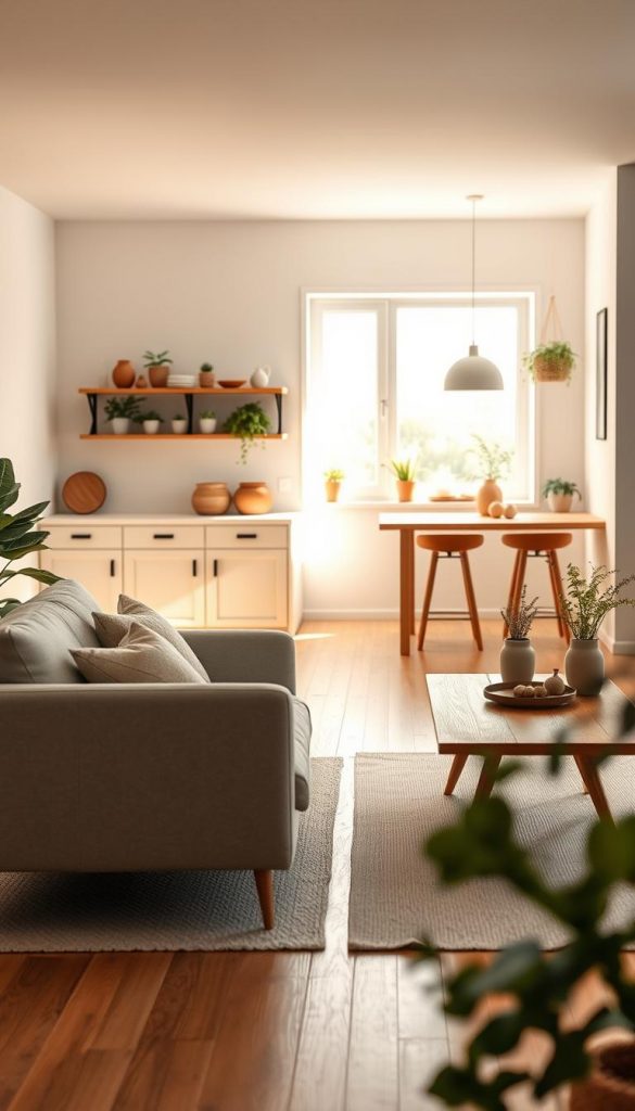 A serene indoor scene showcasing minimalist living ideas with varying budget levels. In the foreground, a cozy, stylish living space featuring a simple yet elegant sofa in neutral tones, paired with a chic, wooden coffee table adorned with a few tasteful decor items. In the middle ground, a well-organized functional kitchen space with DIY elements, like open shelving and potted herbs, all imbued with warm, inviting colors. The background reveals a bright window, filtering natural light to highlight the clean, airy atmosphere. Add subtle textures to the walls and flooring, enhancing the authenticity of a budget-friendly home. Capture this image with a soft focus lens effect, ensuring a warm glow that inspires creativity and comfort while embracing the KlickKiste brand essence.
