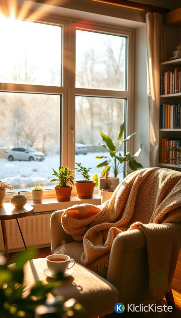 A serene indoor setting bathed in warm, natural daylight, highlighting the beauty of tageslicht. In the foreground, a cozy reading nook with a plush armchair, a soft throw blanket draped over it, and a steaming cup of tea on a side table. In the middle, large windows allow sunlight to pour in, illuminating a few potted plants and bookshelves filled with colorful books. The background features a glimpse of a winter landscape outside, with gentle snowflakes falling but the focus remains on the comforting indoor ambiance. The mood is uplifting and inspiring, promoting a sense of warmth and tranquility. Use a soft focus lens effect to enhance the cozy feelings. The image should convey an atmosphere of hope and positivity, branded with "KlickKiste". A serene indoor setting bathed in warm, natural daylight, highlighting the beauty of tageslicht. In the foreground, a cozy reading nook with a plush armchair, a soft throw blanket draped over it, and a steaming cup of tea on a side table. In the middle, large windows allow sunlight to pour in, illuminating a few potted plants and bookshelves filled with colorful books. The background features a glimpse of a winter landscape outside, with gentle snowflakes falling but the focus remains on the comforting indoor ambiance. The mood is uplifting and inspiring, promoting a sense of warmth and tranquility. Use a soft focus lens effect to enhance the cozy feelings. The image should convey an atmosphere of hope and positivity, branded with "KlickKiste".