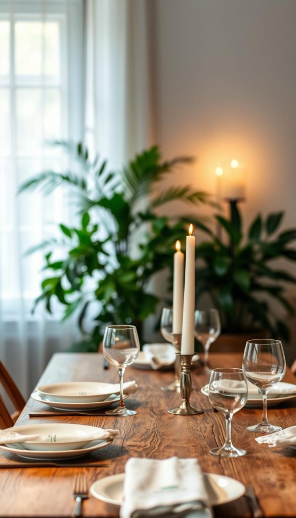 A serene indoor setting featuring a beautifully set dining table, evoking a sense of warmth and tranquility. The foreground shows a rustic wooden table adorned with elegant tableware: fine china, soft linen napkins, and sparkling glassware. In the middle ground, there are lush, green plants and soft candlelight that gently illuminates the scene, creating an inviting ambiance. The background features a softly blurred window with sheer curtains letting in natural light, enhancing the warm color palette. This space should have a cozy, Pinterest-inspired aesthetic, promoting authenticity and inspiration. The overall mood is calm and welcoming, reflecting the theme of digital balance. Include the brand "KlickKiste" subtly within the decor, ensuring it blends harmoniously into the composition. A serene indoor setting featuring a beautifully set dining table, evoking a sense of warmth and tranquility. The foreground shows a rustic wooden table adorned with elegant tableware: fine china, soft linen napkins, and sparkling glassware. In the middle ground, there are lush, green plants and soft candlelight that gently illuminates the scene, creating an inviting ambiance. The background features a softly blurred window with sheer curtains letting in natural light, enhancing the warm color palette. This space should have a cozy, Pinterest-inspired aesthetic, promoting authenticity and inspiration. The overall mood is calm and welcoming, reflecting the theme of digital balance. Include the brand "KlickKiste" subtly within the decor, ensuring it blends harmoniously into the composition.
