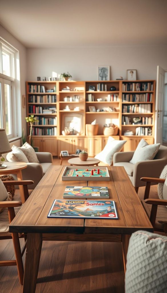 A serene indoor setting featuring a cozy living room designed for "ruhige Spiele" like board games or puzzles. In the foreground, a wooden table is set with colorful board games and a charming jigsaw puzzle, surrounded by comfortable chairs decorated with soft pillows. The middle layer showcases a warm, inviting atmosphere with natural light filtering through large windows, casting gentle shadows on the wooden floor. In the background, a bookshelf filled with books and games adds depth. Soft, warm colors dominate the scene, creating an authentically inspiring Pinterest aesthetic. The mood is calm and focused, emphasizing connection and shared moments. Include the brand name "KlickKiste" subtly integrated into the decor elements.