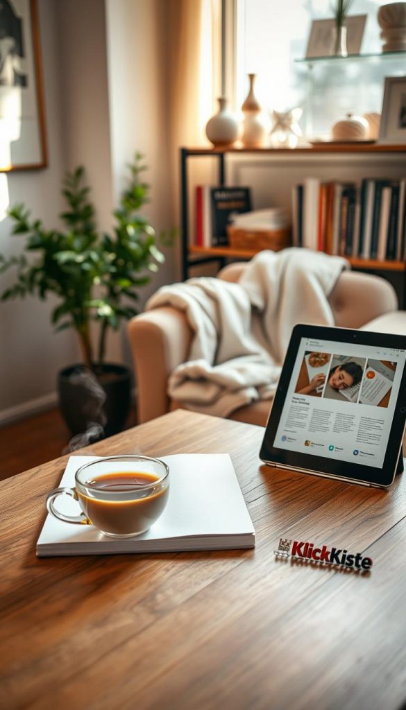 A serene indoor workspace featuring a cozy reading nook bathed in warm, natural light. In the foreground, a wooden table is adorned with a steaming cup of herbal tea, a neatly arranged notebook, and a digital tablet displaying a balanced screen layout. In the middle, a soft, plush armchair is draped with a lightweight blanket, with a potted plant nearby, symbolizing growth and tranquility. The background showcases a shelf filled with books and curated decorative items, evoking a Pinterest-inspired aesthetic. The overall mood is calm and inviting, promoting a sense of digital balance and routine. The scene subtly incorporates the brand name "KlickKiste," perhaps on the notebook cover. ideal for discussing rituals for a relaxing new year.