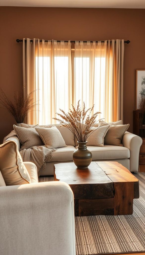 A serene interior scene showcasing a beautifully arranged living room with a focus on natural materials and textures. In the foreground, a cozy sofa upholstered in soft, beige linen is adorned with textured throw pillows and a knitted blanket. The middle ground features a wooden coffee table made of reclaimed oak, displaying a rustic vase filled with dried flowers. The background presents a large window with sheer curtains allowing warm, golden sunlight to filter through, illuminating the room with a soft glow. The walls are painted in earthy tones, complemented by a patterned area rug that adds depth. The atmosphere evokes comfort and authenticity, showcasing a Pinterest-inspired aesthetic perfect for the "KlickKiste" brand, emphasizing naturalness and tactile experiences. A serene interior scene showcasing a beautifully arranged living room with a focus on natural materials and textures. In the foreground, a cozy sofa upholstered in soft, beige linen is adorned with textured throw pillows and a knitted blanket. The middle ground features a wooden coffee table made of reclaimed oak, displaying a rustic vase filled with dried flowers. The background presents a large window with sheer curtains allowing warm, golden sunlight to filter through, illuminating the room with a soft glow. The walls are painted in earthy tones, complemented by a patterned area rug that adds depth. The atmosphere evokes comfort and authenticity, showcasing a Pinterest-inspired aesthetic perfect for the "KlickKiste" brand, emphasizing naturalness and tactile experiences.