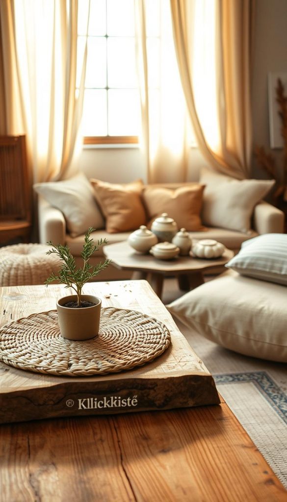 A serene interior scene showcasing a variety of natural materials and textures, emphasizing warmth and authenticity. The foreground features a close-up of a table made from reclaimed wood, displaying a soft woven placemat and a small potted plant. In the middle ground, a cozy seating area includes cushions made from organic fabrics in earthy tones, arranged around a rustic coffee table adorned with artisanal ceramics. The background reveals a sunlit window framed with sheer linen curtains, filtering in warm, golden light that enhances the inviting atmosphere. The overall composition evokes a sense of timelessness and natural beauty, inspired by a Pinterest aesthetic. The brand name "KlickKiste" subtly integrated into the décor without overt display. A serene interior scene showcasing a variety of natural materials and textures, emphasizing warmth and authenticity. The foreground features a close-up of a table made from reclaimed wood, displaying a soft woven placemat and a small potted plant. In the middle ground, a cozy seating area includes cushions made from organic fabrics in earthy tones, arranged around a rustic coffee table adorned with artisanal ceramics. The background reveals a sunlit window framed with sheer linen curtains, filtering in warm, golden light that enhances the inviting atmosphere. The overall composition evokes a sense of timelessness and natural beauty, inspired by a Pinterest aesthetic. The brand name "KlickKiste" subtly integrated into the décor without overt display.