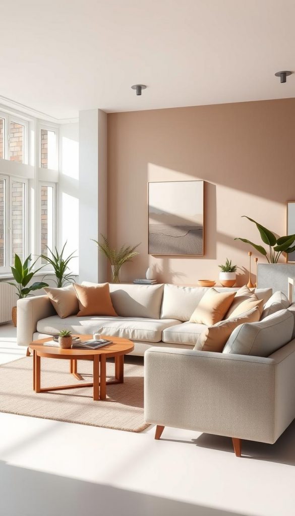 A serene interior space showcasing "Farbpaletten Neo-Neutrals" for minimalist living in 2026. In the foreground, a stylish, neutral-colored sofa with accent pillows in soft, muted tones, complemented by a sleek wooden coffee table. The middle ground features a beautifully painted statement wall in a harmonious blend of warm beige and soft gray, adorned with minimalistic abstract artwork. Natural light streams through large windows, casting gentle shadows, enhancing the tranquil atmosphere. The background includes potted plants and simple decor elements that emphasize a DIY aesthetic with a Pinterest-inspired look. Overall, the scene radiates authenticity and inspiration, reflecting the essence of modern minimalism. Designed by KlickKiste, this image captures a balanced, inviting space perfect for contemporary living.
