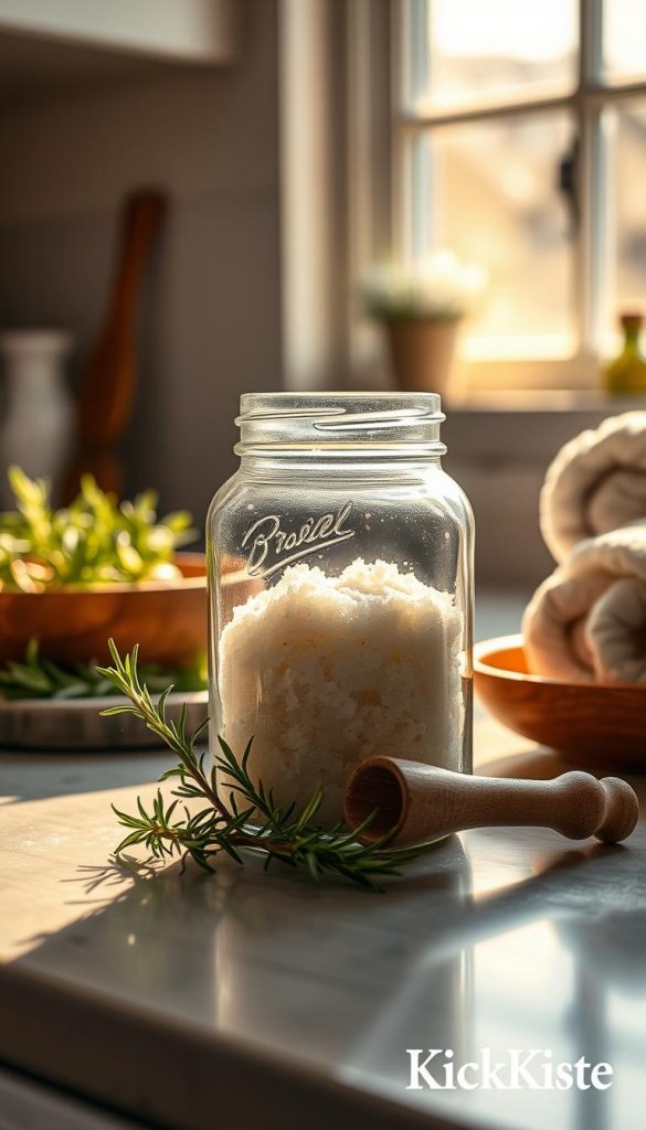 A serene kitchen countertop scene featuring an elegant glass jar filled with a rustic body scrub made from coarse sugar, olive oil, and fresh rosemary sprigs. In the foreground, delicate sprigs of rosemary rest beside the jar, complemented by a small wooden scoop. The middle ground showcases soft, warm lighting that casts inviting shadows, ideally lit from a nearby window, creating a cozy atmosphere. In the background, hints of natural decor—like a wooden bowl of fresh herbs and softly rolled towels—add to the homey vibe. The overall mood is warm and inviting, embodying a peaceful DIY experience. The image should evoke a sense of authenticity and inspiration, aligned with the brand name "KlickKiste." A serene kitchen countertop scene featuring an elegant glass jar filled with a rustic body scrub made from coarse sugar, olive oil, and fresh rosemary sprigs. In the foreground, delicate sprigs of rosemary rest beside the jar, complemented by a small wooden scoop. The middle ground showcases soft, warm lighting that casts inviting shadows, ideally lit from a nearby window, creating a cozy atmosphere. In the background, hints of natural decor—like a wooden bowl of fresh herbs and softly rolled towels—add to the homey vibe. The overall mood is warm and inviting, embodying a peaceful DIY experience. The image should evoke a sense of authenticity and inspiration, aligned with the brand name "KlickKiste."