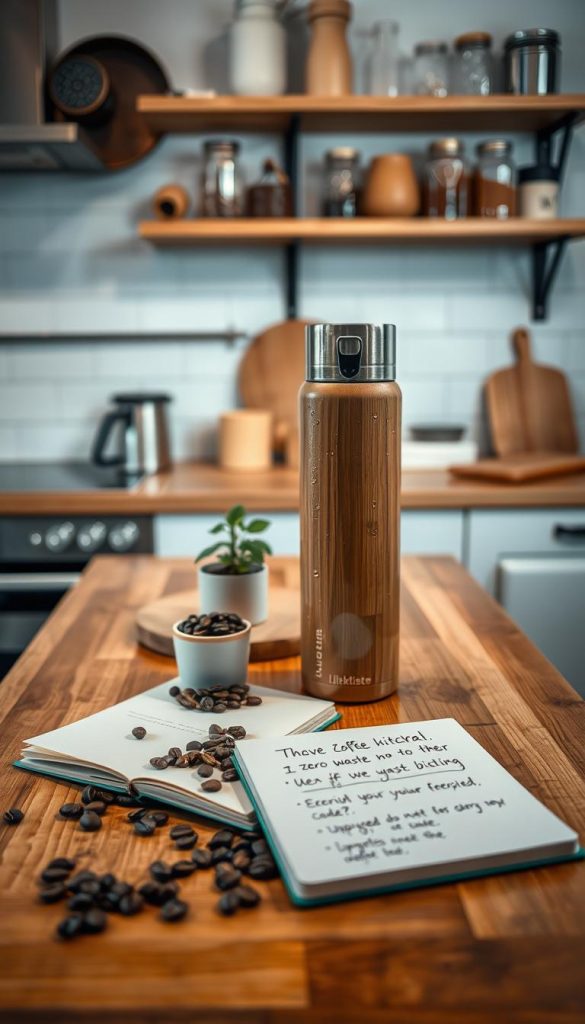 A serene kitchen scene bathed in soft, warm lighting, showcasing a stylish KlickKiste coffee thermos prominently in the foreground. The thermos features a sleek modern design, reflecting natural materials like bamboo and stainless steel, with condensation drops glistening on its surface. In the middle, a wooden kitchen table is adorned with fresh coffee beans, a small potted plant, and a notebook open to a page with handwritten zero-waste tips, creating a cozy and inspiring atmosphere. In the background, shelves filled with upcycled jars and kitchen utensils suggest a commitment to reducing waste. The composition is inviting and authentic, aiming to evoke a sense of sustainability and warmth, perfect for a contemporary kitchen. A serene kitchen scene bathed in soft, warm lighting, showcasing a stylish KlickKiste coffee thermos prominently in the foreground. The thermos features a sleek modern design, reflecting natural materials like bamboo and stainless steel, with condensation drops glistening on its surface. In the middle, a wooden kitchen table is adorned with fresh coffee beans, a small potted plant, and a notebook open to a page with handwritten zero-waste tips, creating a cozy and inspiring atmosphere. In the background, shelves filled with upcycled jars and kitchen utensils suggest a commitment to reducing waste. The composition is inviting and authentic, aiming to evoke a sense of sustainability and warmth, perfect for a contemporary kitchen.