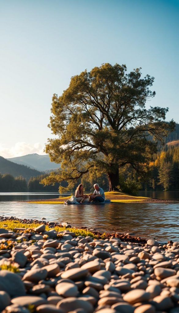 A serene landscape capturing the essence of nature and water, showcasing a tranquil lake surrounded by lush green forests. In the foreground, a gentle shoreline with smooth pebbles and wildflowers, glistening under soft, warm sunlight. The middle ground features a family with modest casual clothing, enjoying a picnic under a large, leafy tree, their joyful expressions reflecting the simple pleasures of the outdoors. In the background, rolling hills fade into a crystal-clear blue sky with a few fluffy clouds, creating a peaceful atmosphere. The lighting is golden hour, casting a warm glow over the entire scene. The overall mood is authentic and inspiring, perfect for the concept of a budget-friendly family weekend retreat. This image embodies the warmth and beauty associated with "Natur & Wasser", created for the brand "KlickKiste".