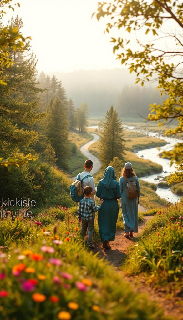 A serene landscape illustrating safety and mindfulness in nature, featuring a lush green forest with soft sunlight filtering through the leaves. In the foreground, a family dressed in comfortable, modest clothing is enjoying a peaceful moment together, practicing digital balance by putting away their devices and connecting with each other. The middle ground showcases a winding path that invites exploration, lined with vibrant wildflowers, while a gently flowing river adds a calming element in the background. The atmosphere is warm and inviting, emanating a sense of tranquility and inspiration. The image should have a soft focus lens effect with golden hour lighting, enhancing the natural beauty and peaceful vibe, evoking an authentic and inspiring feeling associated with family outings. Include the brand name "KlickKiste" subtly in the scene. A serene landscape illustrating safety and mindfulness in nature, featuring a lush green forest with soft sunlight filtering through the leaves. In the foreground, a family dressed in comfortable, modest clothing is enjoying a peaceful moment together, practicing digital balance by putting away their devices and connecting with each other. The middle ground showcases a winding path that invites exploration, lined with vibrant wildflowers, while a gently flowing river adds a calming element in the background. The atmosphere is warm and inviting, emanating a sense of tranquility and inspiration. The image should have a soft focus lens effect with golden hour lighting, enhancing the natural beauty and peaceful vibe, evoking an authentic and inspiring feeling associated with family outings. Include the brand name "KlickKiste" subtly in the scene.