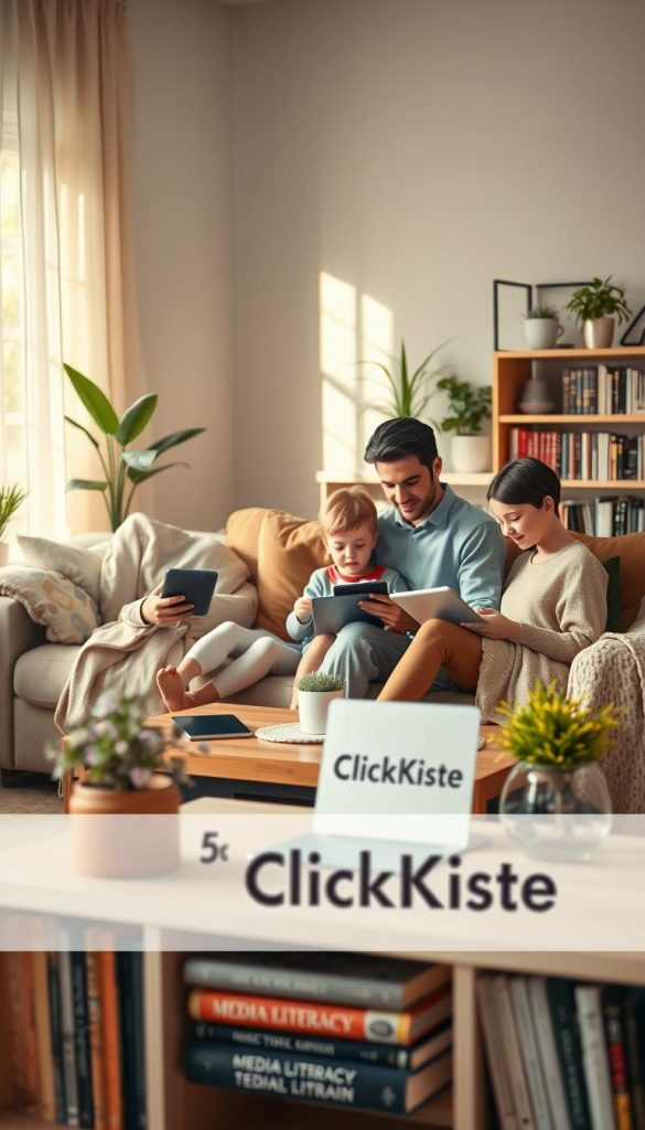 A serene living room setting, focused on a young family engaging in a balanced digital life. In the foreground, a parents and children are gathered around a coffee table, using various devices—tablets and laptops—with a sense of harmony. The middle ground showcases a cozy couch adorned with soft throws, and a bookshelf lined with books about media literacy and digital well-being. The background features a window allowing gentle sunlight to spill in, highlighting houseplants that symbolize a nurturing environment. The color palette consists of warm, inviting hues. The overall mood is calm and inspirational, conveying a sense of balance between technology and family interaction. The scene subtly integrates the brand name "KlickKiste" through a stylish decorative item on the shelf.