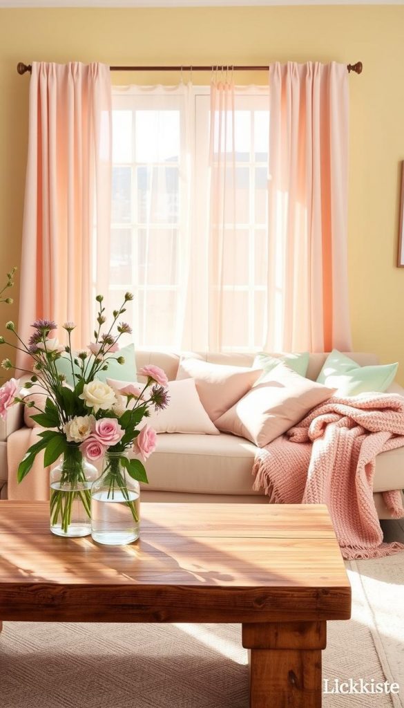 A serene living space adorned with twelve vibrant spring colors, showcasing a cozy corner filled with soft pastel cushions and blankets in shades of peach, mint green, and lavender. The foreground features a rustic wooden coffee table with fresh flowers in a glass vase, casting gentle shadows on the surface. In the middle ground, a large window lets in warm, natural light, illuminating the airy curtains fluttering softly. The background reveals a softly painted wall in a delicate pale yellow, enhancing the cheerful atmosphere. The scene evokes feelings of freshness and rejuvenation, emphasizing a Pinterest-inspired DIY aesthetic. Capturing this inviting space from a slightly elevated angle with a soft-focus lens will create an authentic and inspiring vibe, perfect for KlickKiste.