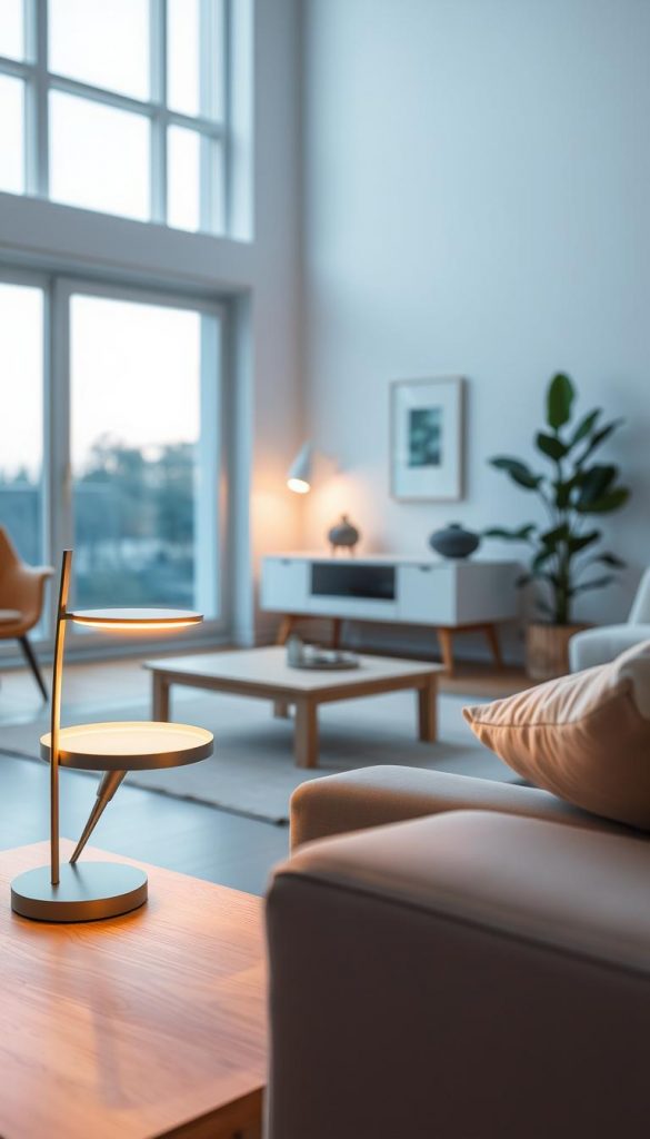 A serene living space showcasing minimalist lighting sources, emphasizing a warm, inviting atmosphere. In the foreground, a stylish wooden side table adorned with a sleek, modern lamp emitting a soft glow. The middle features an airy room with large windows allowing natural light to flood in, highlighting the clean lines of a few carefully chosen decor pieces. The background presents a simple, neutral-colored wall with minimal art, enhancing the uncluttered feel of the space. The lighting is warm and soft, casting gentle shadows that add depth. A cozy corner with a houseplant subtly hints at nature. The overall mood is tranquil and inspiring, evoking a sense of spaciousness and simplicity. This image embodies the aesthetic of "KlickKiste," perfect for a Pinterest-inspired atmosphere.