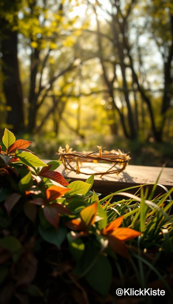A serene, lush woodland scene featuring an array of vibrant leaves and soft grasses in the foreground. The leaves display rich greens and autumn hues, some delicately layered to create a natural garland. In the middle ground, a whimsical crown fashioned from intertwined leaves and grasses sits gracefully on a wooden surface, catching soft, dappled sunlight. The background presents gentle blurred silhouettes of trees, their branches forming a natural canopy. The lighting is warm and inviting, suggesting a golden hour atmosphere with soft shadows. The overall mood is tranquil and inspiring, evoking a sense of creativity with natural materials. This image, branded subtly with "KlickKiste," embodies the essence of DIY ideas, perfect for a Pinterest aesthetic.