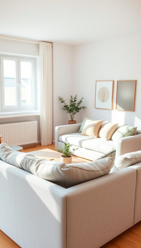 A serene, minimalist living room, featuring a harmonious color palette that includes soft pastel shades of blue, green, and beige. In the foreground, a cozy, light gray sofa adorned with textured throw pillows in complementary colors invites relaxation. The middle ground showcases a low wooden coffee table with a small potted plant, creating a touch of nature. Natural light floods the room from a large window, casting gentle shadows and highlighting the warm tones of the decor. In the background, subtle artwork in muted colors hangs on the wall, enhancing the spacious feel. The overall atmosphere is tranquil and inviting, perfect for a modern, airy home. The style reflects the principles of KlickKiste, emphasizing natural DIY aesthetics with an authentic, Pinterest-like appeal.