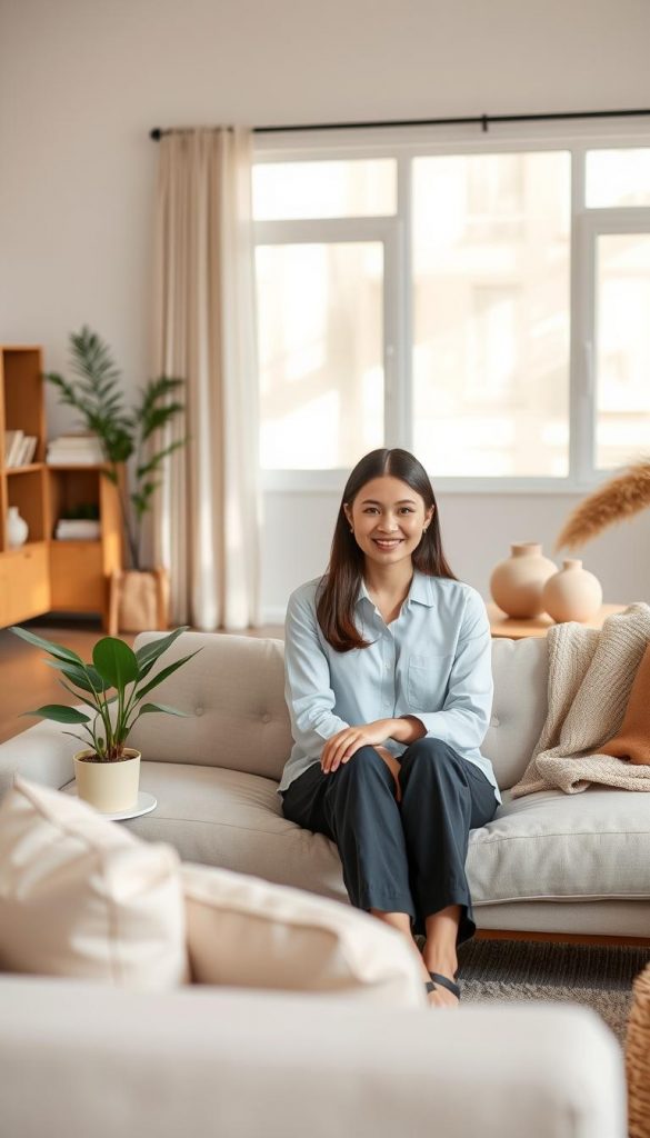 A serene, minimalist living room scene that embodies the "Clean Girl" aesthetic. In the foreground, a young woman with an approachable smile wears professional, modest clothing, seated comfortably on a sleek, neutral-toned sofa adorned with soft textures. She is surrounded by natural DIY elements: a potted plant, a few curated books, and minimalist decor pieces that reflect warmth. In the middle background, a simple wooden coffee table holds a cozy throw and a stylish ceramic vase, enhancing the inviting atmosphere. The background features a large window allowing soft, natural light to pour in, illuminating the space gently. The overall color palette leans towards warm, earthy tones, creating an authentic and inspiring vibe typical of a Pinterest-worthy home. Shot with a soft-focus lens to capture the inviting ambiance while highlighting the stylish simplicity. Brand name 'KlickKiste' subtly integrated into the scene.