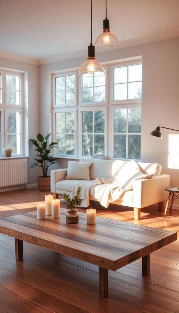 A serene, minimalist living space featuring soft, warm lighting that creates a calming atmosphere. In the foreground, a simple wooden coffee table adorned with a few elegantly placed candles and a small potted plant. The middle ground showcases a cozy sofa draped with a light throw. In the background, large windows allow gentle rays of natural light to filter in, illuminating the room's neutral-toned walls and wooden flooring. A gentle glow emanates from stylish pendant lights hanging from the ceiling, designed with a modern but cozy aesthetic. The mood reflects tranquility and structure, ideal for relaxation. The image embodies a natural DIY aesthetic with warm colors and an inspiring Pinterest vibe, branded under "KlickKiste".