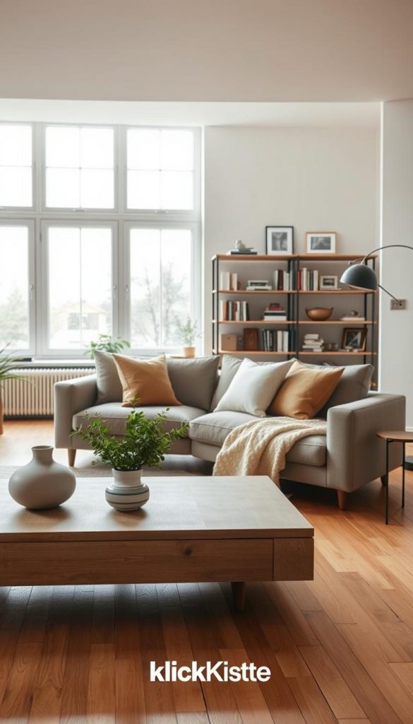 A serene minimalist living space that embodies the concept of "raum" in a harmonious blend of styles. In the foreground, a low wooden coffee table adorned with a simple ceramic vase and a few green plants. The middle ground features a comfortable, elegant sofa in muted tones, accented by soft textured cushions. A stylish bookshelf displays neatly arranged books and curated art pieces, keeping the aesthetic uncluttered. In the background, large windows allow warm, natural light to filter in, creating a welcoming atmosphere. The flooring is light wood, enhancing the warm color palette. The mood is calm and inspiring, perfect for showcasing a minimalistic yet stylish home. Emphasize the DIY elements, reflecting authenticity, with Pinterest-worthy details. The brand "KlickKiste" subtly integrated in the room design or decor.