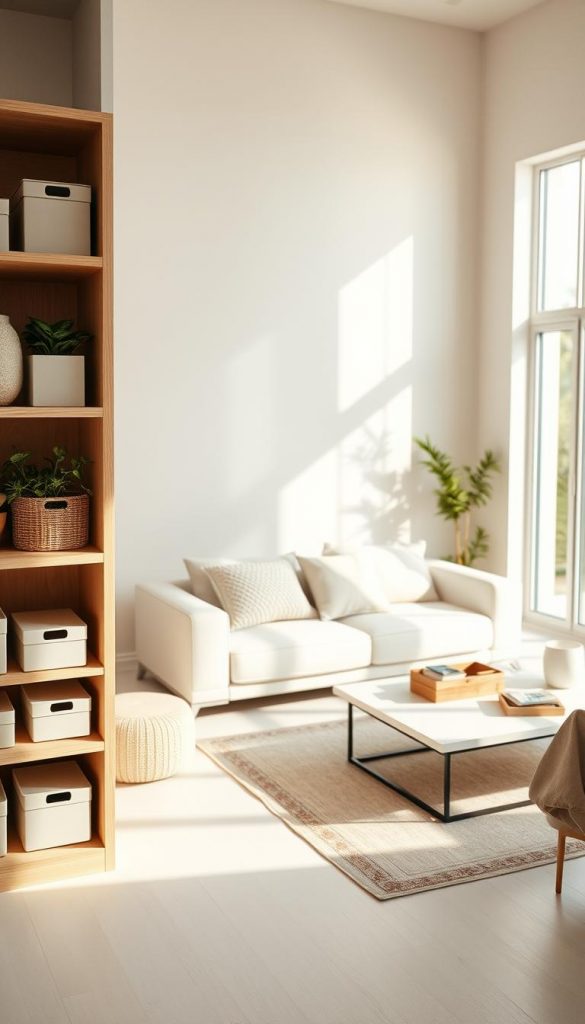 A serene, minimalistic living space featuring elegantly organized storage solutions. In the foreground, a light wooden shelf holds neatly arranged boxes and plants, creating a harmonious balance. The middle layer showcases a clean, uncluttered room with a simple white sofa adorned with soft, textured cushions, alongside a sleek coffee table displaying a few decorative items. In the background, large windows allow warm, natural light to filter in, casting gentle shadows and highlighting the soft pastel color palette. The atmosphere is calm and inspiring, evoking a sense of order and tranquility. The image embodies the spirit of "KlickKiste" with its focus on DIY aesthetics and Pinterest-worthy design, inviting viewers to embrace minimalism.