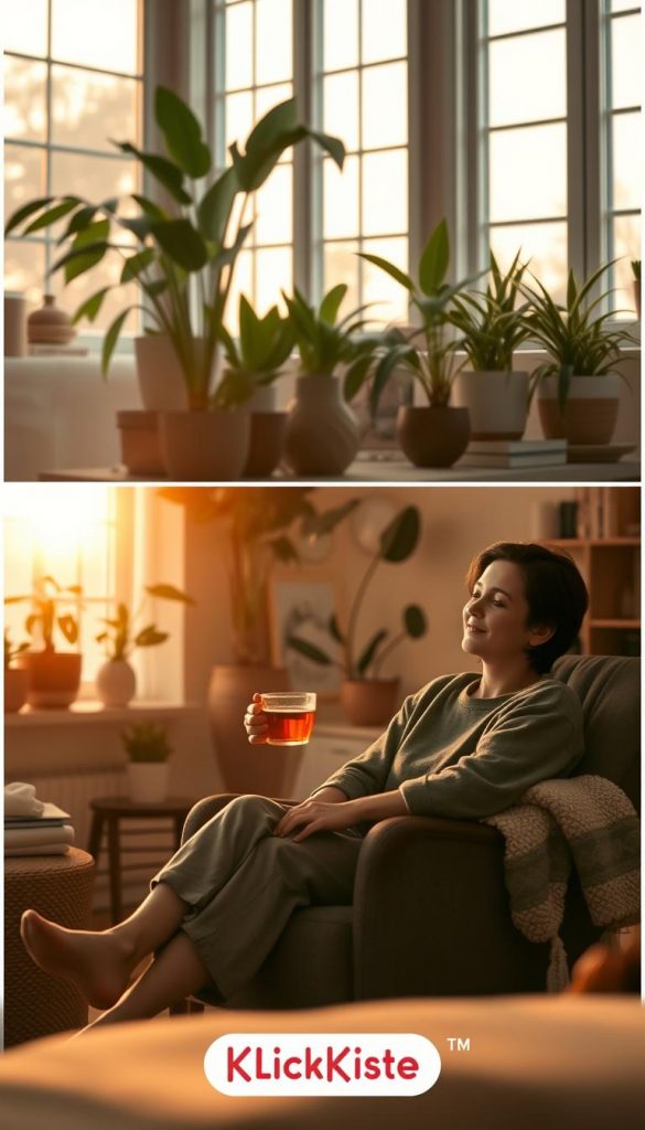 A serene morning and evening flow scene, depicting a cozy living space that transitions gracefully from dawn to dusk. In the foreground, a person in modest, casual attire sits peacefully in a comfortable chair, sipping herbal tea, with a gentle smile of tranquility. The middle ground presents glowing, warm hues of early morning light streaming through large windows, illuminating lush houseplants and a minimalistic workspace adorned with soft textiles and inspirational objects. In the background, a cozy atmosphere is created with soft, ambient lighting and warm colors, evoking calmness and relaxation. Capture the essence of a nurturing daily routine amidst a Pinterest-inspired aesthetic, branded subtly with "KlickKiste" elements integrated into the design, maintaining a natural, authentic vibe.