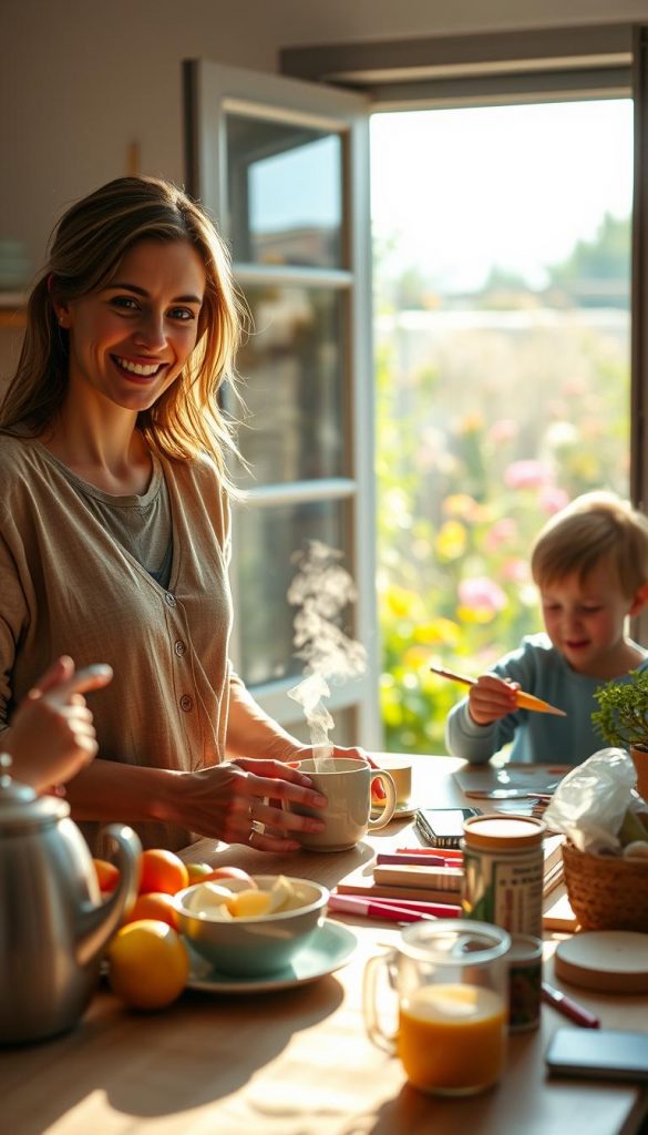 A serene morning routine scene showcasing a harmonious family life. In the foreground, a smiling mother, dressed in modest casual clothing, prepares breakfast in a sunlit kitchen, surrounded by fresh fruits and a steaming coffee mug. The middle ground features a cheerful child engaged in a craft, with vibrant supplies scattered around, embodying creativity and joy. In the background, through a large window, soft natural light filters in, illuminating an inviting garden with blooming flowers. The overall atmosphere should exude warmth and inspiration, with a cozy, Pinterest-like aesthetic in earthy tones. This image will reflect the concept of nurturing relationships and everyday family moments. Crafted for KlickKiste. A serene morning routine scene showcasing a harmonious family life. In the foreground, a smiling mother, dressed in modest casual clothing, prepares breakfast in a sunlit kitchen, surrounded by fresh fruits and a steaming coffee mug. The middle ground features a cheerful child engaged in a craft, with vibrant supplies scattered around, embodying creativity and joy. In the background, through a large window, soft natural light filters in, illuminating an inviting garden with blooming flowers. The overall atmosphere should exude warmth and inspiration, with a cozy, Pinterest-like aesthetic in earthy tones. This image will reflect the concept of nurturing relationships and everyday family moments. Crafted for KlickKiste.